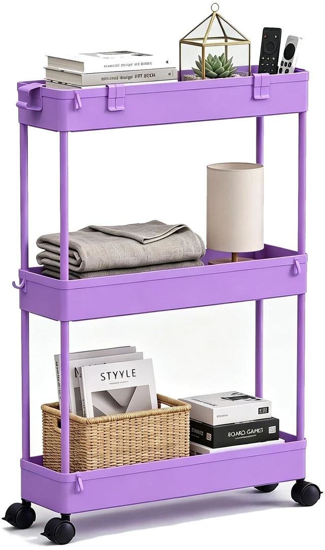 Main image of Slim Storage Cart 3 Tier,Bathroom Organizer Rolling Utility,Mobile Shelving Unit Slide Out for Office, Kitchen, Laundry Room & Narrow Places,Purple