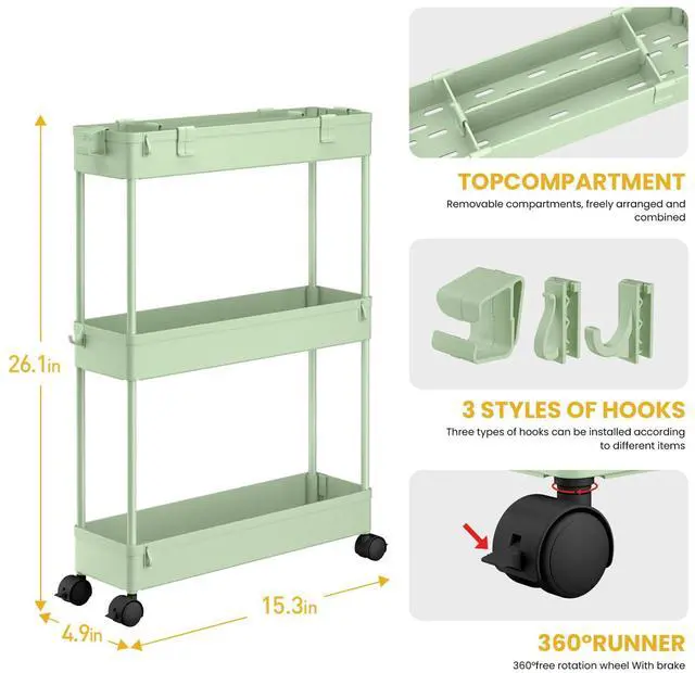 Alt view image 3 of 6 - Slim Storage Cart 3 Tier,Bathroom Organizer Rolling Utility,Mobile Shelving Unit Slide Out for Office, Kitchen, Laundry Room & Narrow PlacesGreen