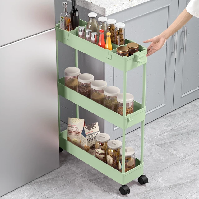 Alt view image 4 of 6 - Slim Storage Cart 3 Tier,Bathroom Organizer Rolling Utility,Mobile Shelving Unit Slide Out for Office, Kitchen, Laundry Room & Narrow PlacesGreen