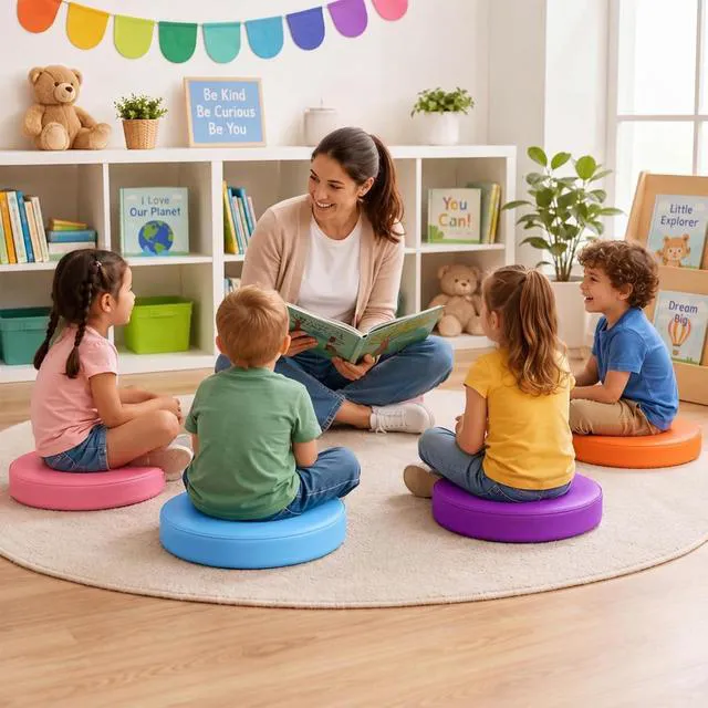 Alt view image 4 of 7 - 12 Pcs Floor Cushions Kids, Rainbow Color, 13.8 x 13.8 x 2 Inch Extra Thick Classroom Seat Cushions Floor Pillows for Kids Toddlers Homeschool Kindergarten Daycare Nursery Playroom