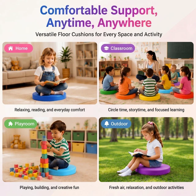 Alt view image 6 of 7 - 12 Pcs Floor Cushions Kids, Rainbow Color, 13.8 x 13.8 x 2 Inch Extra Thick Classroom Seat Cushions Floor Pillows for Kids Toddlers Homeschool Kindergarten Daycare Nursery Playroom