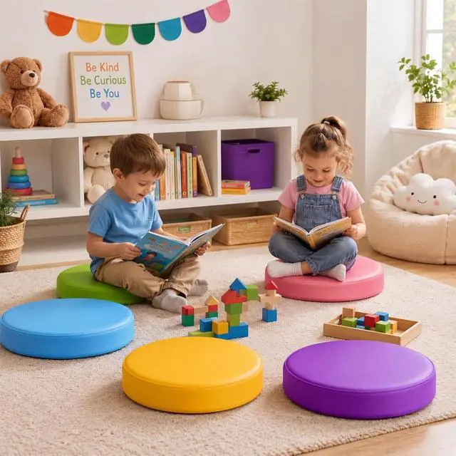 Alt view image 5 of 7 - 12 Pcs Floor Cushions Kids, Rainbow Color, 13.8 x 13.8 x 2 Inch Extra Thick Classroom Seat Cushions Floor Pillows for Kids Toddlers Homeschool Kindergarten Daycare Nursery Playroom