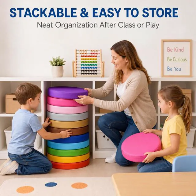 Alt view image 7 of 7 - 12 Pcs Floor Cushions Kids, Rainbow Color, 13.8 x 13.8 x 2 Inch Extra Thick Classroom Seat Cushions Floor Pillows for Kids Toddlers Homeschool Kindergarten Daycare Nursery Playroom