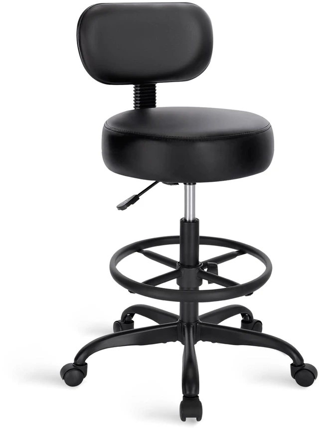 Main image of Drafting Chair with Backrest, Adjustable Foot Rest Rolling Stool Multi-Purpose Shop Stool, Drafting Stool, Office Desk Chair,Bar Stools with Thick Seat Cushion for Home Bar Kitchen,All Black