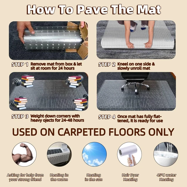 Alt view image 7 of 7 - Office Chair Mat for Low-Pile Carpet 36" x 48", Convex Extended Lip Clear PVC With Anti-Slip Studs, Extended Front Area Fits Under Desks, Stable Chair Rolling, Home and Office Use