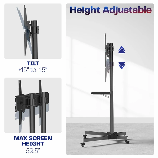 Alt view image 3 of 7 - Mobile TV Cart for 32 to 83 inch Screens up to 110 lbs, LCD LED OLED 4K Smart Flat and Curved Panels, Rolling Stand with Laptop DVD Shelf, Locking Wheels, Max VESA 600x400, Black, STAND-TV03E