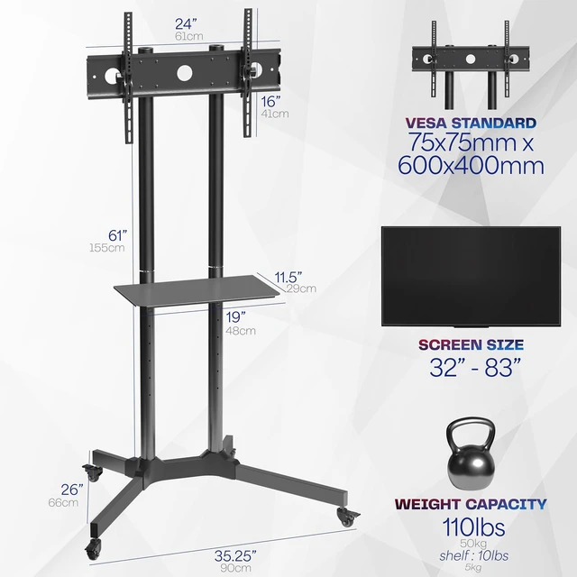 Alt view image 6 of 7 - Mobile TV Cart for 32 to 83 inch Screens up to 110 lbs, LCD LED OLED 4K Smart Flat and Curved Panels, Rolling Stand with Laptop DVD Shelf, Locking Wheels, Max VESA 600x400, Black, STAND-TV03E