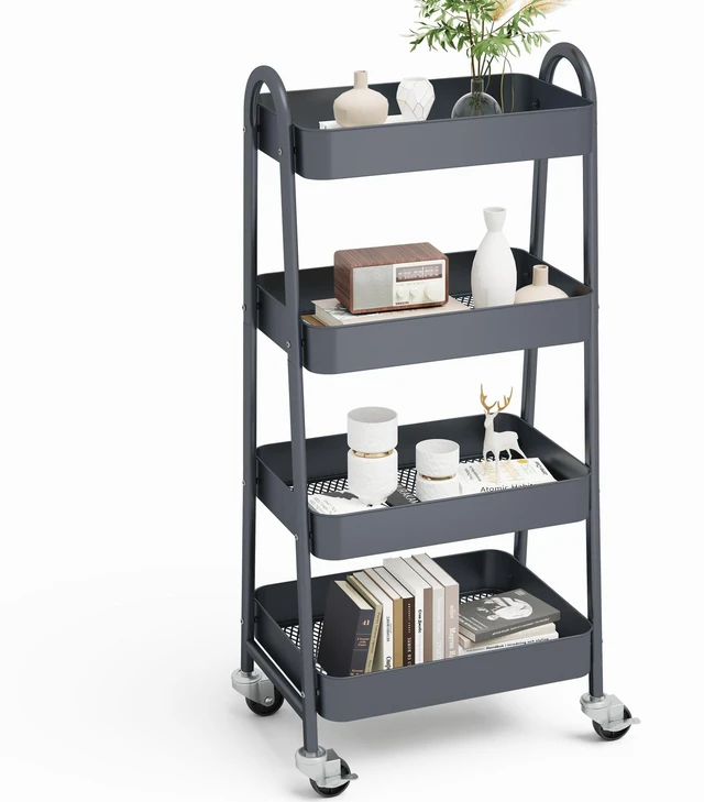 Main image of 4-Tier Metal Rolling Storage Utility Cart with Lockable Wheels Mobile Organizer Shelf, Space-Saving, Freestanding, Bathroom, Living Room, Slim, Narrow Corner Spaces, Grey