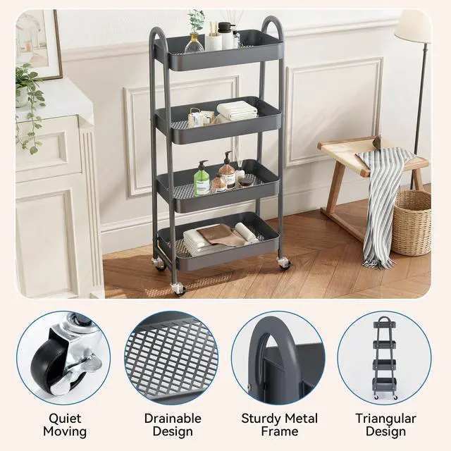 Alt view image 2 of 7 - 4-Tier Metal Rolling Storage Utility Cart with Lockable Wheels Mobile Organizer Shelf, Space-Saving, Freestanding, Bathroom, Living Room, Slim, Narrow Corner Spaces, Grey