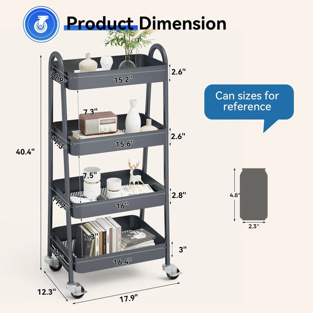 Alt view image 4 of 7 - 4-Tier Metal Rolling Storage Utility Cart with Lockable Wheels Mobile Organizer Shelf, Space-Saving, Freestanding, Bathroom, Living Room, Slim, Narrow Corner Spaces, Grey