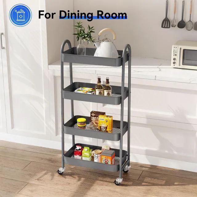 Alt view image 6 of 7 - 4-Tier Metal Rolling Storage Utility Cart with Lockable Wheels Mobile Organizer Shelf, Space-Saving, Freestanding, Bathroom, Living Room, Slim, Narrow Corner Spaces, Grey