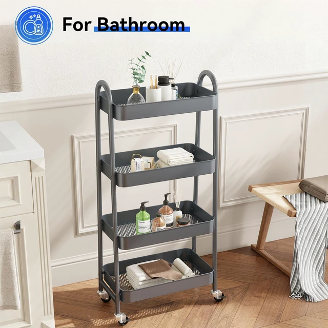 Alt view image 5 of 7 - 4-Tier Metal Rolling Storage Utility Cart with Lockable Wheels Mobile Organizer Shelf, Space-Saving, Freestanding, Bathroom, Living Room, Slim, Narrow Corner Spaces, Grey