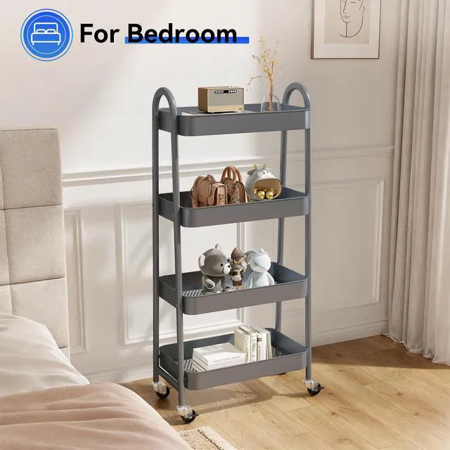 Alt view image 7 of 7 - 4-Tier Metal Rolling Storage Utility Cart with Lockable Wheels Mobile Organizer Shelf, Space-Saving, Freestanding, Bathroom, Living Room, Slim, Narrow Corner Spaces, Grey
