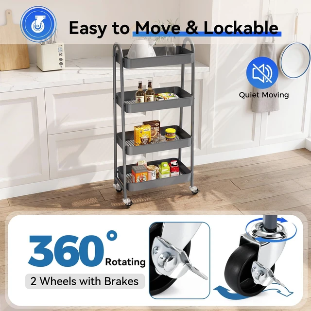 Alt view image 3 of 7 - 4-Tier Metal Rolling Storage Utility Cart with Lockable Wheels Mobile Organizer Shelf, Space-Saving, Freestanding, Bathroom, Living Room, Slim, Narrow Corner Spaces, Grey