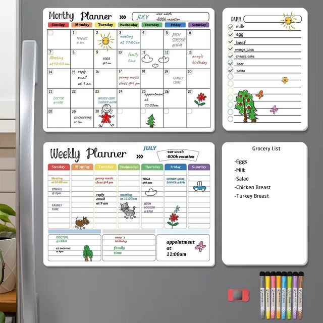 Main image of Magnetic Dry Erase Calendar Whiteboard Set (4-Pack) for Home and Kitchen, with Monthly and Weekly Views (16.5 x 11.8), Magnetic Whiteboard and Daily Planners (12 x 8) 8 Markers & Eraser