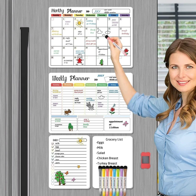 Alt view image 5 of 5 - Magnetic Dry Erase Calendar Whiteboard Set (4-Pack) for Home and Kitchen, with Monthly and Weekly Views (16.5 x 11.8), Magnetic Whiteboard and Daily Planners (12 x 8) 8 Markers & Eraser