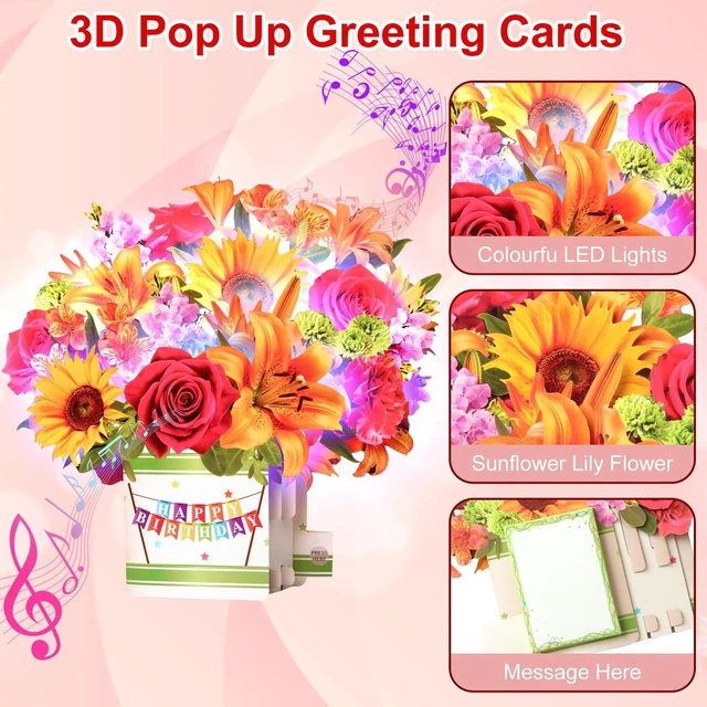 Alt view image 3 of 7 - Birthday Cards for Women,Music and Light 10Inch Sunflower Bouquet 3D Popup Birthday Gift Card for Women Mom Wife Daughter Sister(Blank Notecard & Envelope)