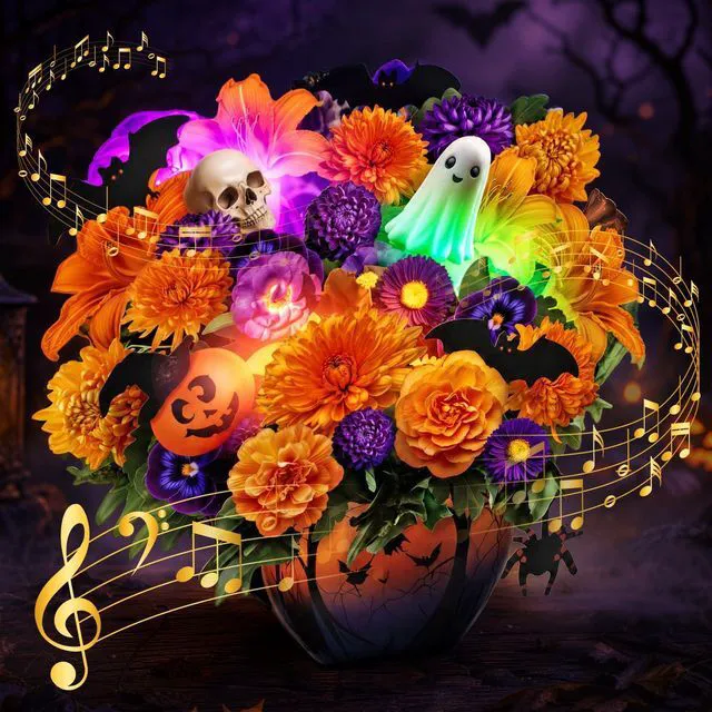 Main image of Halloween Cards, Halloween Decor Gift Card with LED Light & Music Halloween Flower Bouquet, Pumpkin Ghost Floral Halloween Card for Wife Mom Men Daughter Kids