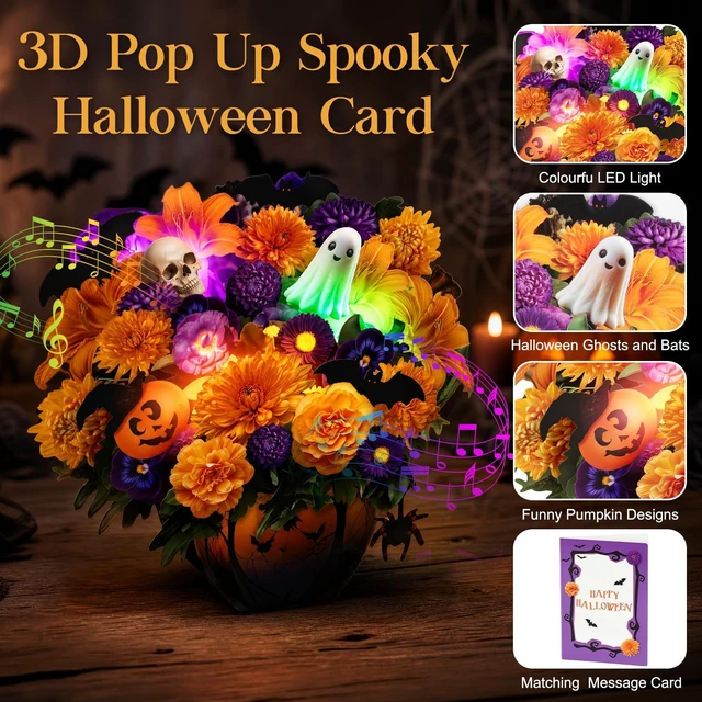 Alt view image 2 of 6 - Halloween Cards, Halloween Decor Gift Card with LED Light & Music Halloween Flower Bouquet, Pumpkin Ghost Floral Halloween Card for Wife Mom Men Daughter Kids