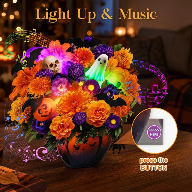 Alt view image 3 of 6 - Halloween Cards, Halloween Decor Gift Card with LED Light & Music Halloween Flower Bouquet, Pumpkin Ghost Floral Halloween Card for Wife Mom Men Daughter Kids