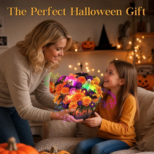 Alt view image 4 of 6 - Halloween Cards, Halloween Decor Gift Card with LED Light & Music Halloween Flower Bouquet, Pumpkin Ghost Floral Halloween Card for Wife Mom Men Daughter Kids