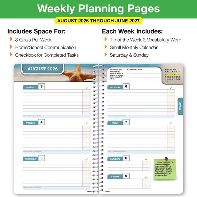 Alt view image 4 of 7 - 2026-2027 Middle & High School Student Planner 5.5" x 8.5" - Dated Weekly & Monthly Academic Planner with Ruler/Bookmark & Stickers, Ideal for Homework, Block Style, Rainbow Linen