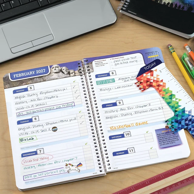 Alt view image 2 of 7 - 2026-2027 Middle & High School Student Planner 5.5" x 8.5" - Dated Weekly & Monthly Academic Planner with Ruler/Bookmark & Stickers, Ideal for Homework, Block Style, Rainbow Linen
