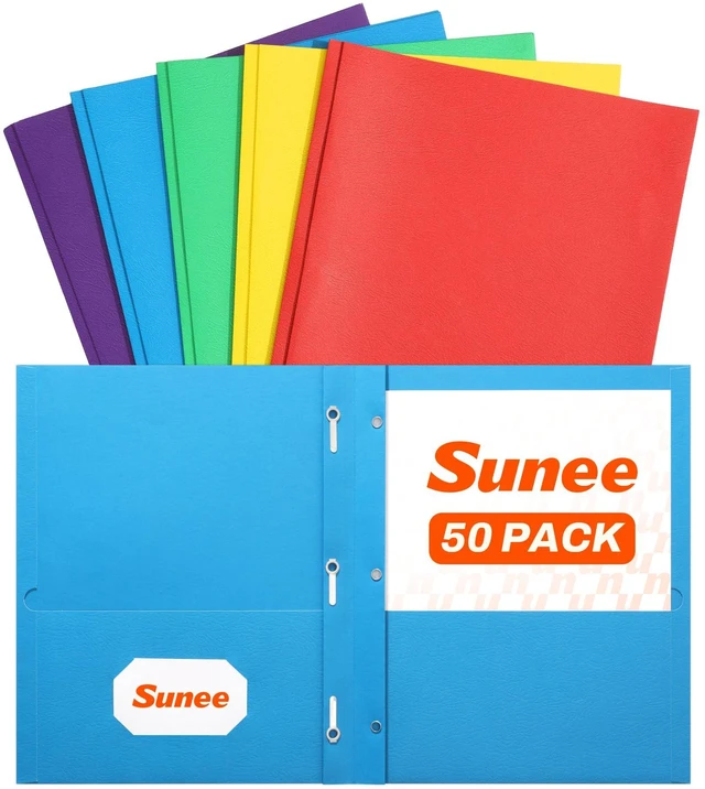Main image of Folders with Prongs (50 Pack, Assorted Colors), 3 Prong Folders with 3 Metal Prong Fastener Clips, 2 Pocket, Fit Letter Size Paper, Paper Folders for School Office Home Business