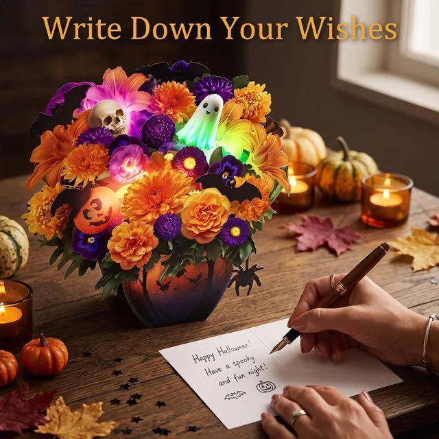 Alt view image 5 of 6 - Halloween Cards, Halloween Decor Gift Card with LED Light & Music Halloween Flower Bouquet, Pumpkin Ghost Floral Halloween Card for Wife Mom Men Daughter Kids