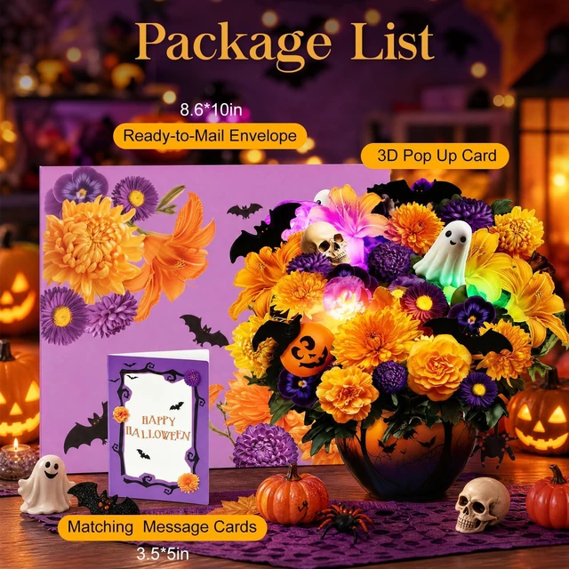 Alt view image 6 of 6 - Halloween Cards, Halloween Decor Gift Card with LED Light & Music Halloween Flower Bouquet, Pumpkin Ghost Floral Halloween Card for Wife Mom Men Daughter Kids
