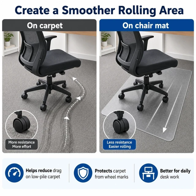 Alt view image 5 of 7 - Clear Office Chair Mat 36" x 48" for Low-Pile Carpet Clear PVC With Anti-Slip Studs, Ideal for Home Offices, Workspaces and Gaming Setups, Smooth Surface Supports Daily Rolling