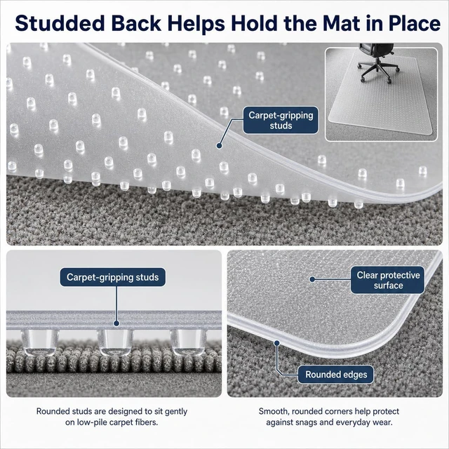 Alt view image 4 of 7 - Clear Office Chair Mat 36" x 48" for Low-Pile Carpet Clear PVC With Anti-Slip Studs, Ideal for Home Offices, Workspaces and Gaming Setups, Smooth Surface Supports Daily Rolling