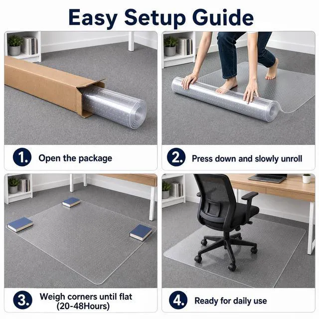 Alt view image 6 of 7 - Clear Office Chair Mat 36" x 48" for Low-Pile Carpet Clear PVC With Anti-Slip Studs, Ideal for Home Offices, Workspaces and Gaming Setups, Smooth Surface Supports Daily Rolling