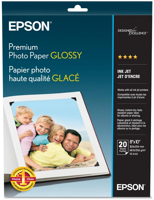 Main image of Premium Photo Paper Glossy, 20 sheets, 8x10 Borderless, (S041465) High-gloss, heavyweight paper creates durable, smudge- and water-resistant photos for albums and frames
