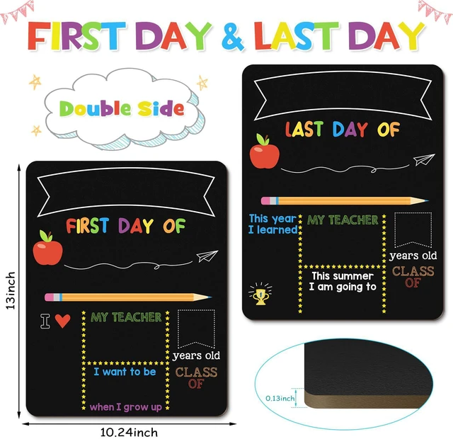 Alt view image 2 of 7 - First & Last Day of School Board, 10.3 x 13 Inch Double Sided Back to School Sign for Kids/Girls/Boys, Reusable Wooden 1st Day of Preschool/Kindergarten Chalkboard