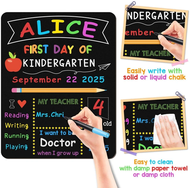 Alt view image 3 of 7 - First & Last Day of School Board, 10.3 x 13 Inch Double Sided Back to School Sign for Kids/Girls/Boys, Reusable Wooden 1st Day of Preschool/Kindergarten Chalkboard