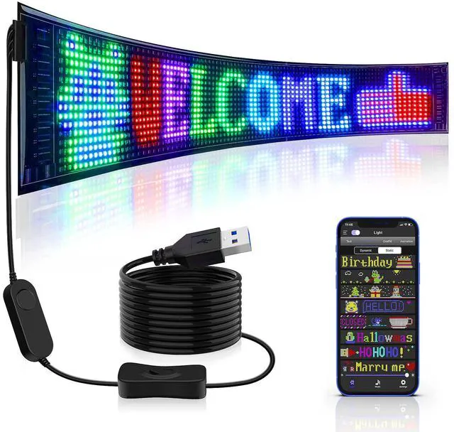 Main image of Scrolling Huge Bright Advertising LED Signs, Flexible USB 5V LED Store Sign Bluetooth App Control Custom Text Pattern Animation Programmable Display for Store Car Bar Hotel (27''x5'')