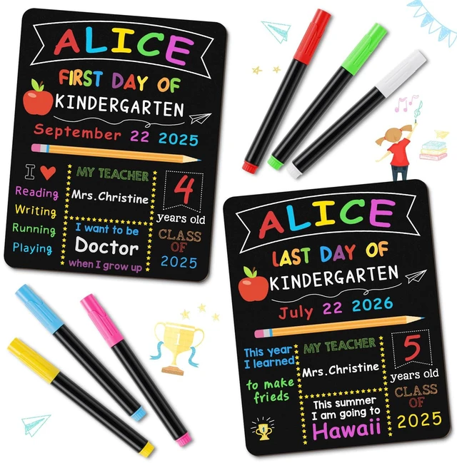Alt view image 4 of 7 - First & Last Day of School Board, 10.3 x 13 Inch Double Sided Back to School Sign for Kids/Girls/Boys, Reusable Wooden 1st Day of Preschool/Kindergarten Chalkboard
