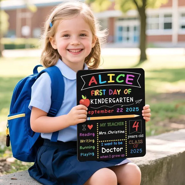 Alt view image 6 of 7 - First & Last Day of School Board, 10.3 x 13 Inch Double Sided Back to School Sign for Kids/Girls/Boys, Reusable Wooden 1st Day of Preschool/Kindergarten Chalkboard