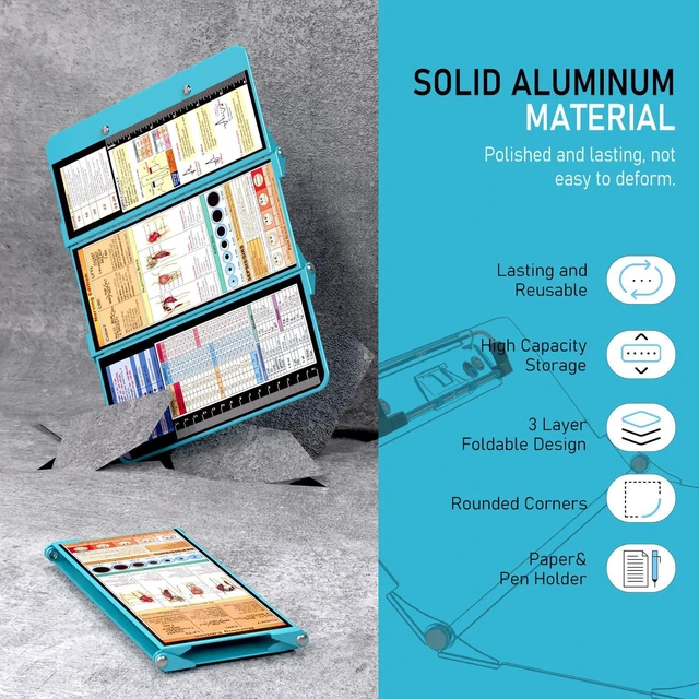 Alt view image 3 of 7 - Nursing Clipboard Foldable, Foldable Clipboard w/Nursing Edition Cheat Charts,3 Layers Aluminum, Nurse Clipboard w/Low Profile Clip&Pen Clip Pocket for Students, Nurses and Doctors, Blue