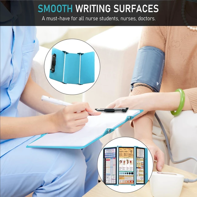Alt view image 4 of 7 - Nursing Clipboard Foldable, Foldable Clipboard w/Nursing Edition Cheat Charts,3 Layers Aluminum, Nurse Clipboard w/Low Profile Clip&Pen Clip Pocket for Students, Nurses and Doctors, Blue