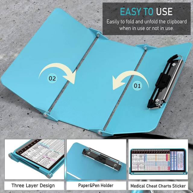 Alt view image 5 of 7 - Nursing Clipboard Foldable, Foldable Clipboard w/Nursing Edition Cheat Charts,3 Layers Aluminum, Nurse Clipboard w/Low Profile Clip&Pen Clip Pocket for Students, Nurses and Doctors, Blue