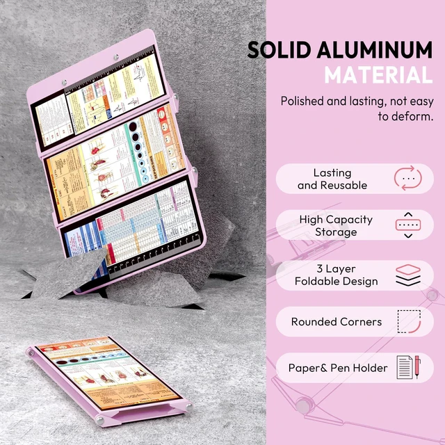 Alt view image 3 of 7 - Nursing Clipboard Foldable, Foldable Clip Board w/Nursing Edition Medical Charts,3 Layers Aluminum, Nurse Note w/Low Profile Clip&Pen Clip for Students, Nurses and Doctors, Baby Pink