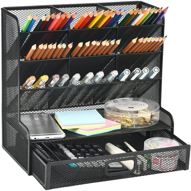 Main image of Mesh Pen Holder for Desk, Multi-Functional Pencil Organizer with Drawer, Desk Organizers and Accessories for Office Art Supplies (Large Black)