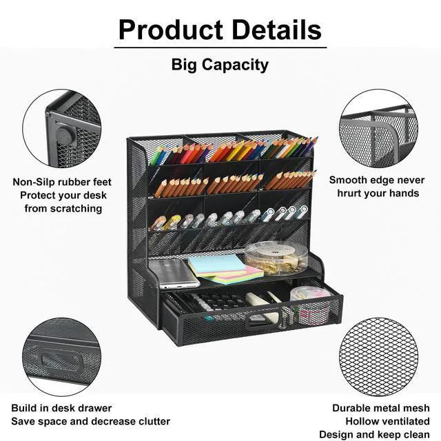 Alt view image 2 of 6 - Mesh Pen Holder for Desk, Multi-Functional Pencil Organizer with Drawer, Desk Organizers and Accessories for Office Art Supplies (Large Black)