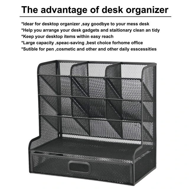 Alt view image 3 of 6 - Mesh Pen Holder for Desk, Multi-Functional Pencil Organizer with Drawer, Desk Organizers and Accessories for Office Art Supplies (Large Black)