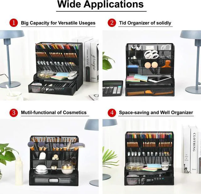 Alt view image 4 of 6 - Mesh Pen Holder for Desk, Multi-Functional Pencil Organizer with Drawer, Desk Organizers and Accessories for Office Art Supplies (Large Black)