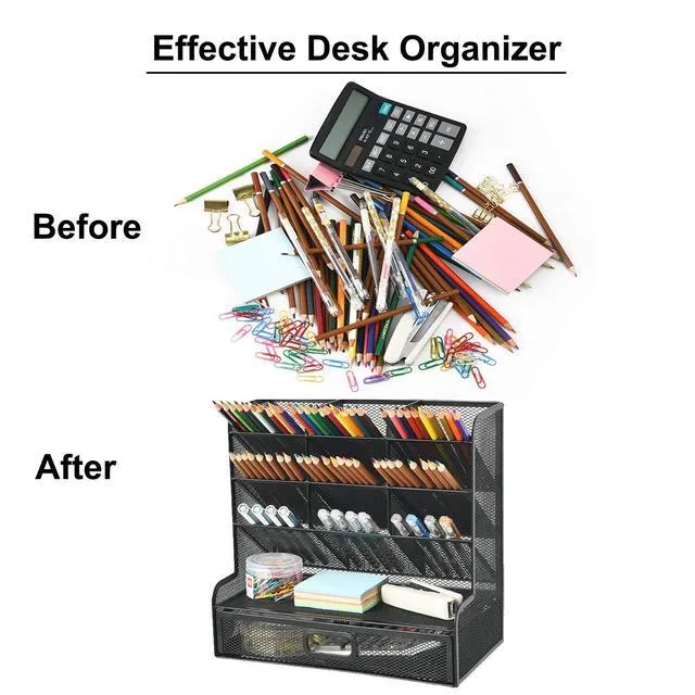 Alt view image 5 of 6 - Mesh Pen Holder for Desk, Multi-Functional Pencil Organizer with Drawer, Desk Organizers and Accessories for Office Art Supplies (Large Black)