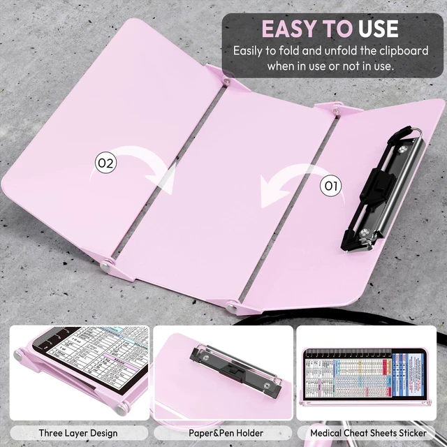 Alt view image 5 of 7 - Nursing Clipboard Foldable, Foldable Clip Board w/Nursing Edition Medical Charts,3 Layers Aluminum, Nurse Note w/Low Profile Clip&Pen Clip for Students, Nurses and Doctors, Baby Pink