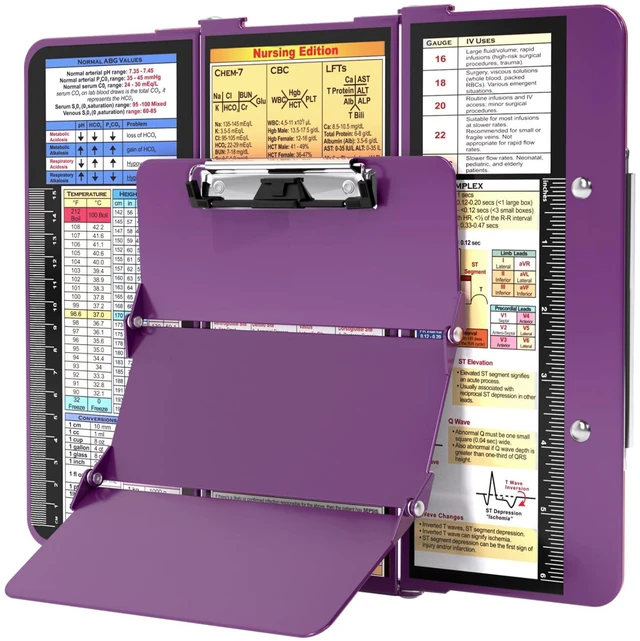 Main image of Nursing Clipboard Foldable w/Nursing Edition Cheat Charts, 3 Layers Aluminum, Nurse Board w/Low Profile Clip&Pen Clip Pocket Blank for Nurses, Doctors, Dark Purple